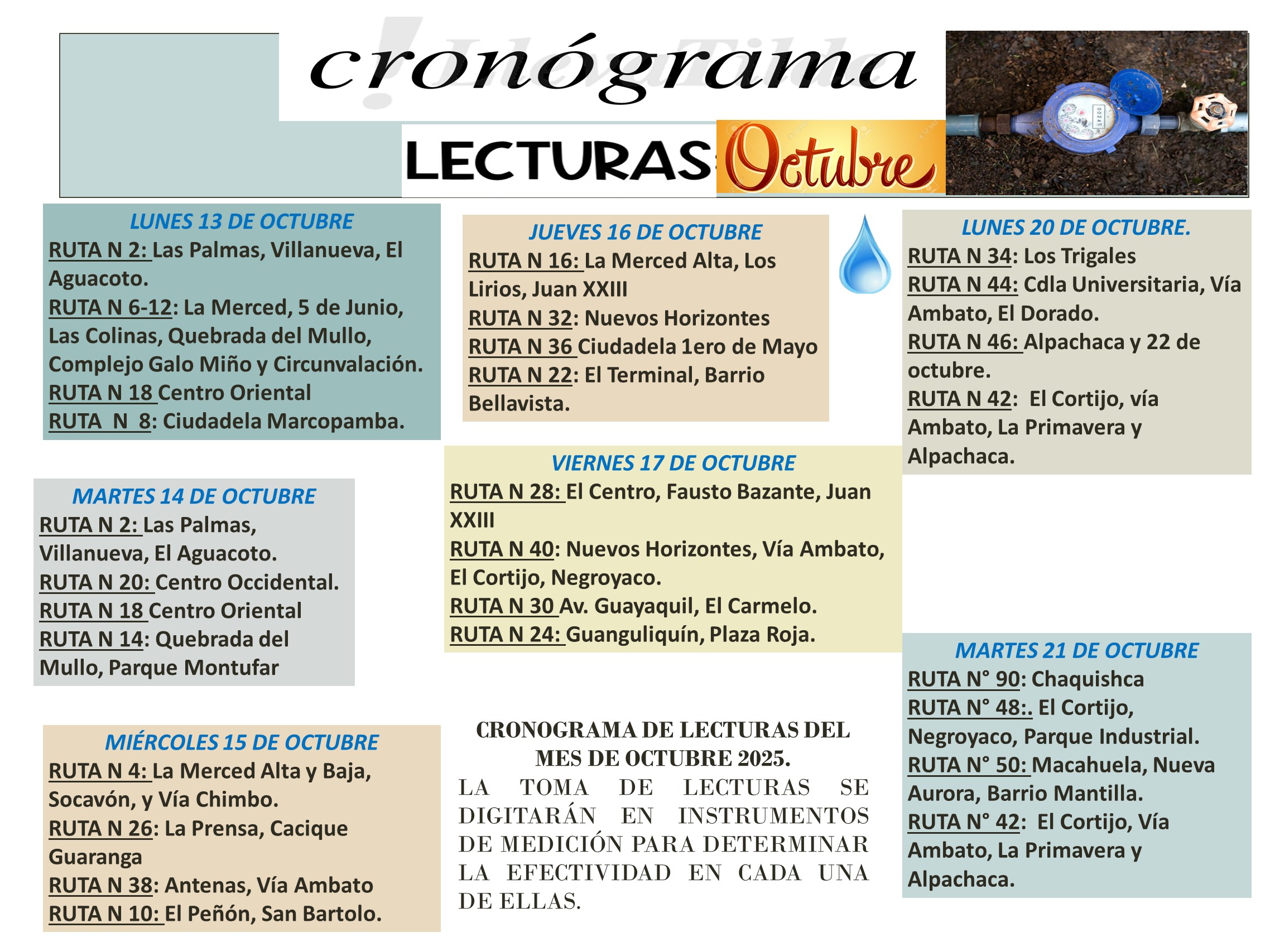 TOMA DE LECTURAS PARA EL MES DE OCTUBRE.